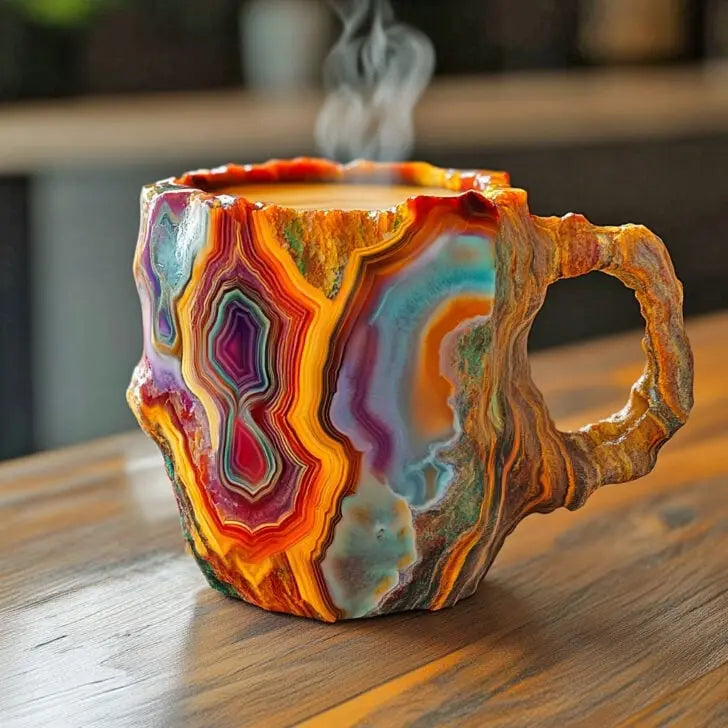 Kaffeetassen mit Kristallen und Mineralien