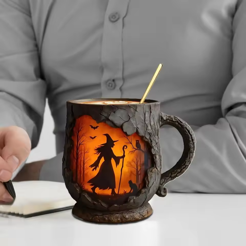 Tasse Halloween 3D Kunstsanal – Design Hexe und Katze